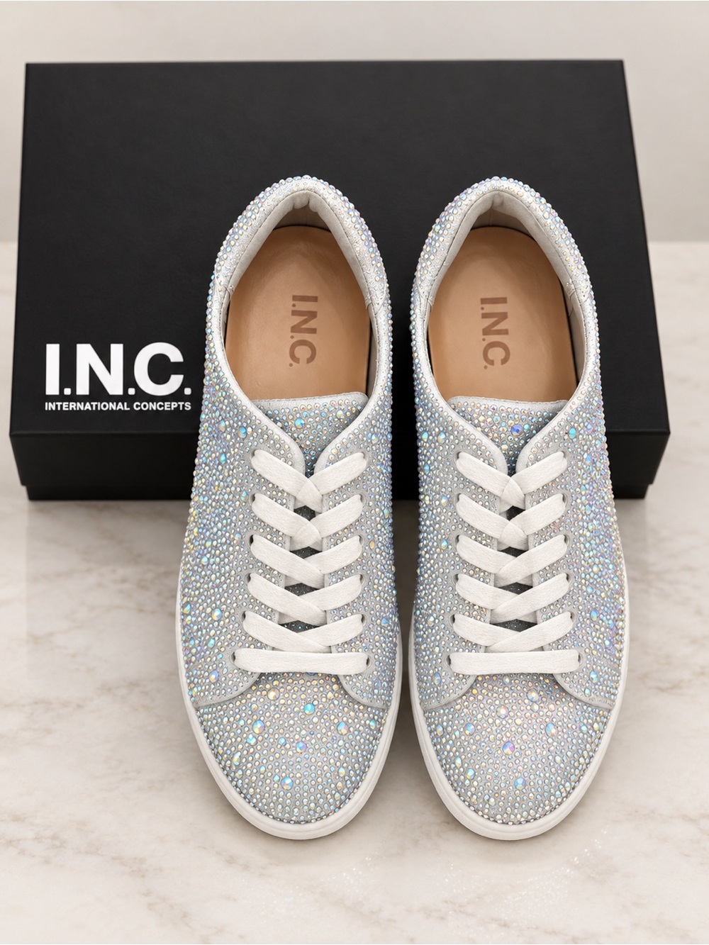INC Crystal Embellished White Lace-Up Sneakers- SZ 6